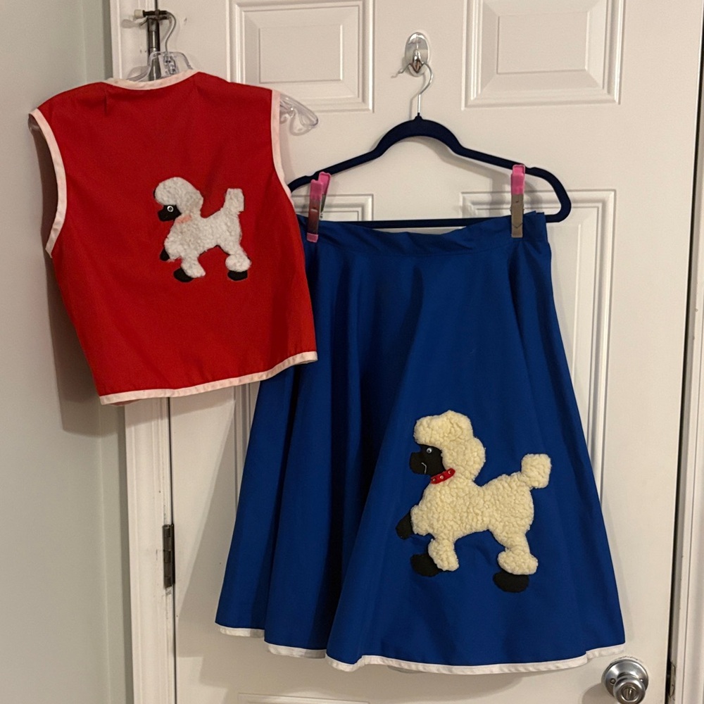 Vintage Home Made Blue Skirt and Red Vest Set with Poodle Appliqué